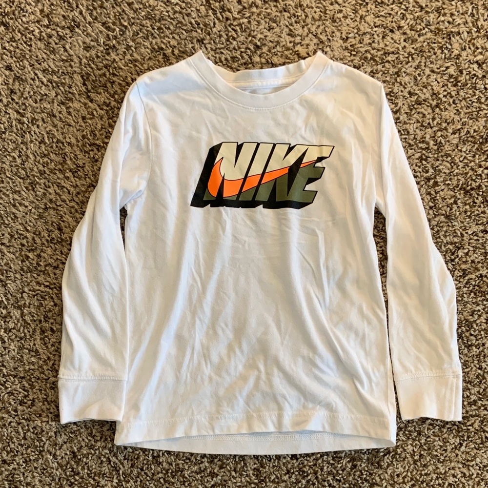 Nike Kids White Long Sleeve Tee with Orange Logo